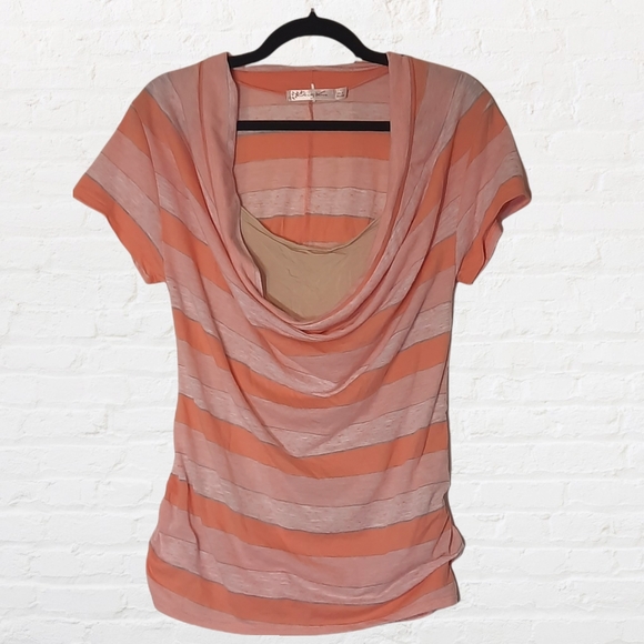 Liberty Love Tops - LIBERTY LOVE Coral/Cream Striped Ruched Cowl Neck Short Sleeve T-shirt